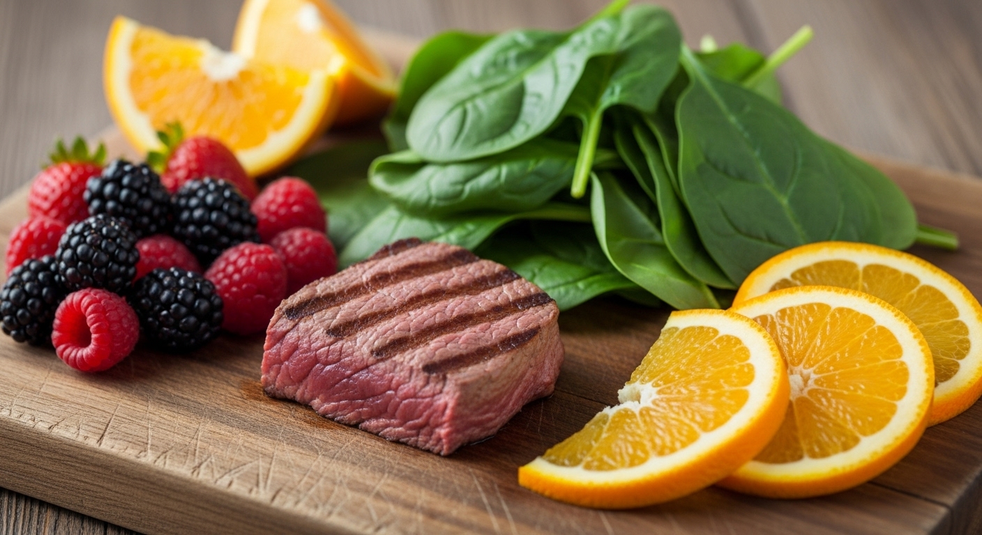 철분이 풍부한 붉은 살코기, 시금치, 오렌지 조각이 놓인 나무 도마. 임산부 빈혈 예방을 위한 철분 섭취의 중요성을 나타냅니다.