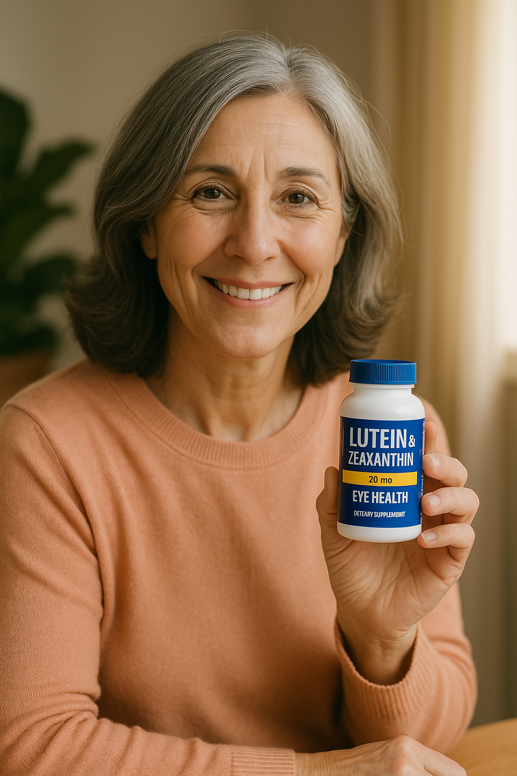 중년 여성이 루테인 영양제를 들고 있는 따뜻한 모습
