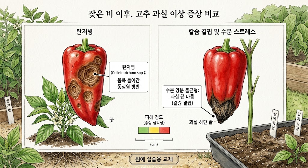 비가 온 뒤 고추 과실에 나타난 탄저병의 움푹 들어간 동심원 병반과 수분 및 양분 불균형으로 인한 과실 끝 마름 증상을 대조하여 보여주는 설명 삽화. 주요 판단 기준인 동심원 구조와 끝부분 마름을 명확한 한글 표기로 설명하고 있다