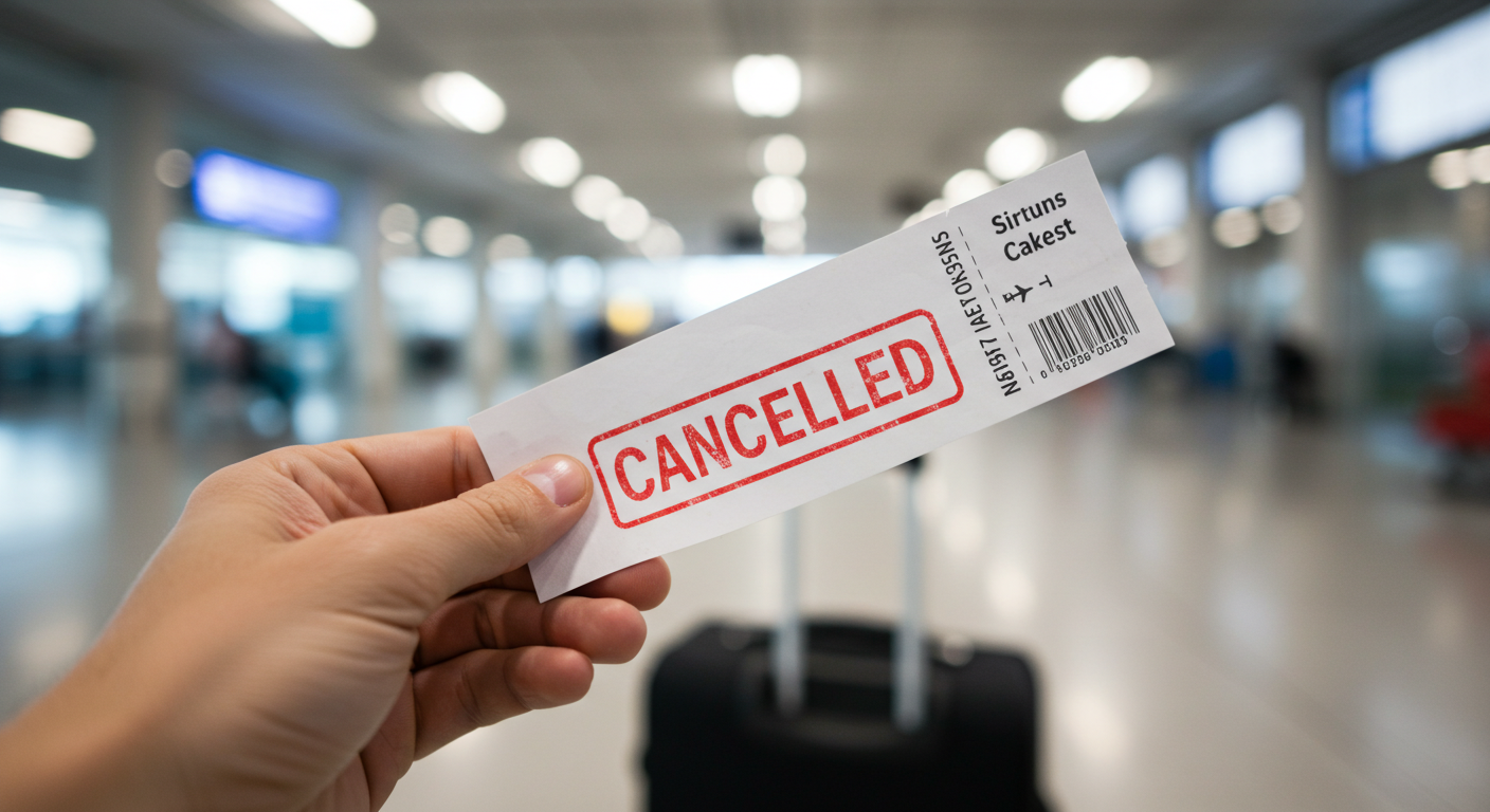 취소 표시가 찍힌 항공권을 손에 들고 있는 모습