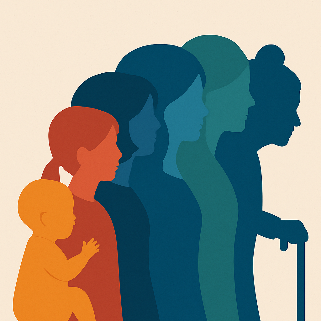 “유아부터 노년까지 다양한 연령대 여성을 나타낸 실루엣 이미지, 각 연령대를 상징하는 색상으로 표현된 프로필 형태의 벡터 일러스트”