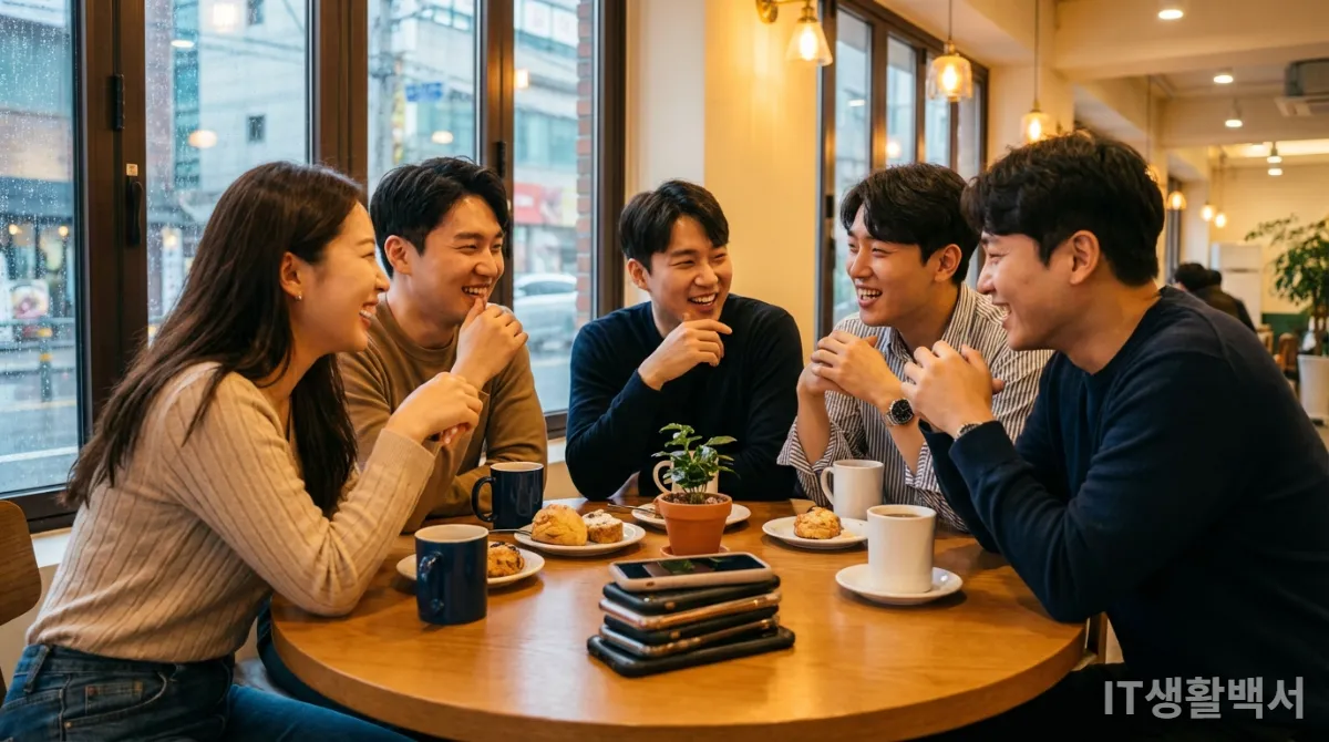 카페에서 스마트폰을 내려놓고 대화하는 한국인 친구들