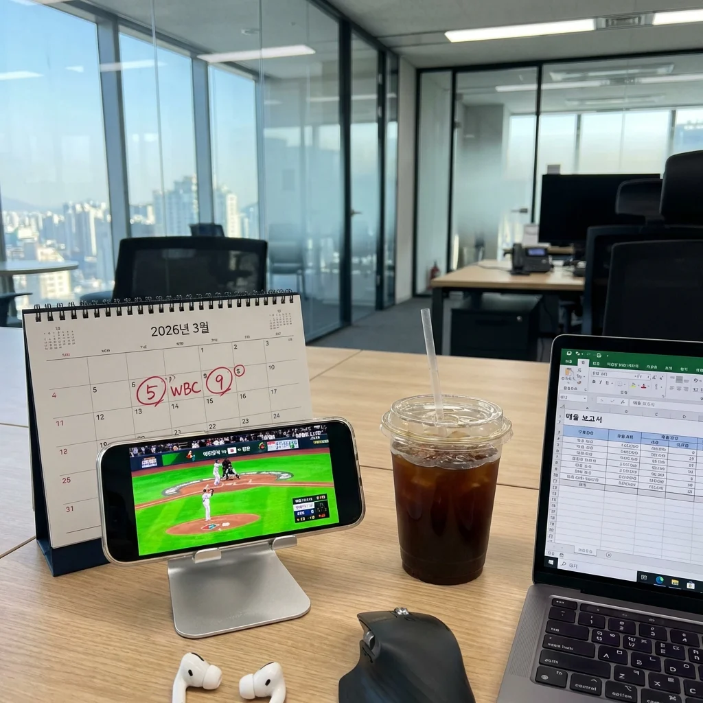2026년 3월 달력에 WBC 일정이 표시된 사무실 책상과 야구 중계가 나오는 스마트폰 화면