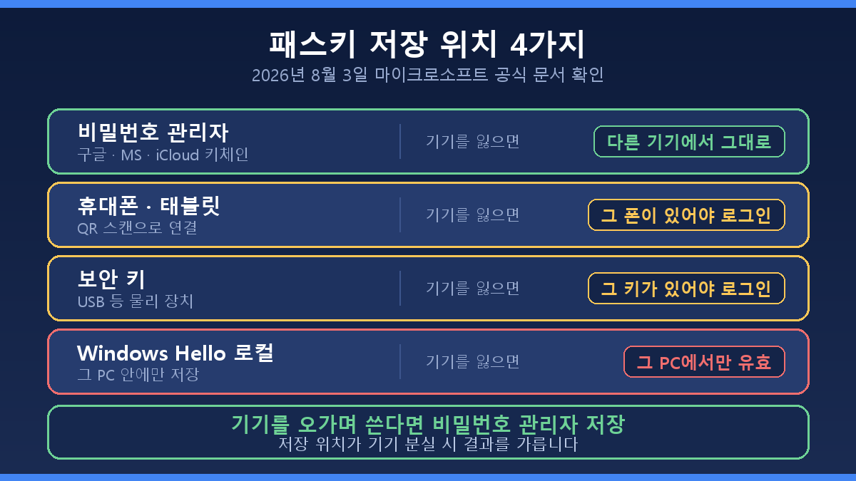 패스키 저장 위치 4가지와 기기 분실 시 결과 비교표
