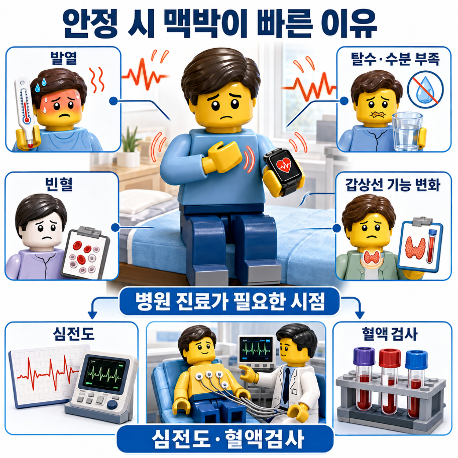 안정 시 빠른 맥박의 원인인 발열·탈수·빈혈·갑상선 기능 변화와 심전도·혈액검사를 보여주는 의료 인포그래픽