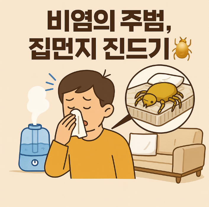 비염의 주범인 집먼지 진드기를 강조한 일러스트 – 재채기를 하는 남성과 침대 속 진드기 확대 이미지로 알레르기 원인 표현