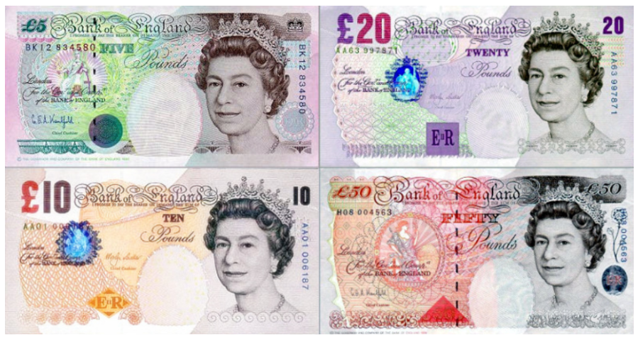 영국 지폐 5파운드&#44; 10파운드&#44; 20파운드&#44; 50파운드