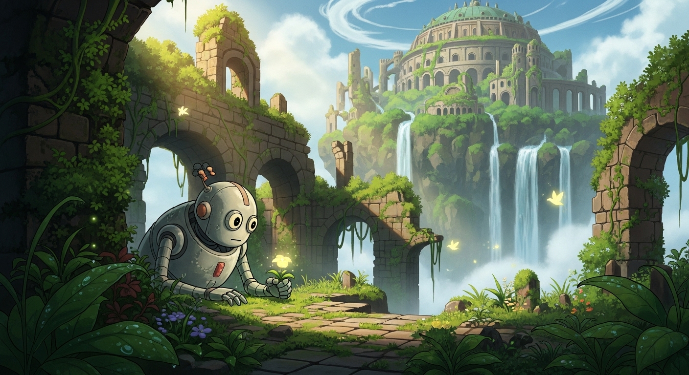 고대 로봇이 자연과 조화를 이루는 천공의 성 라퓨타 정원, 신비로운 분위기.