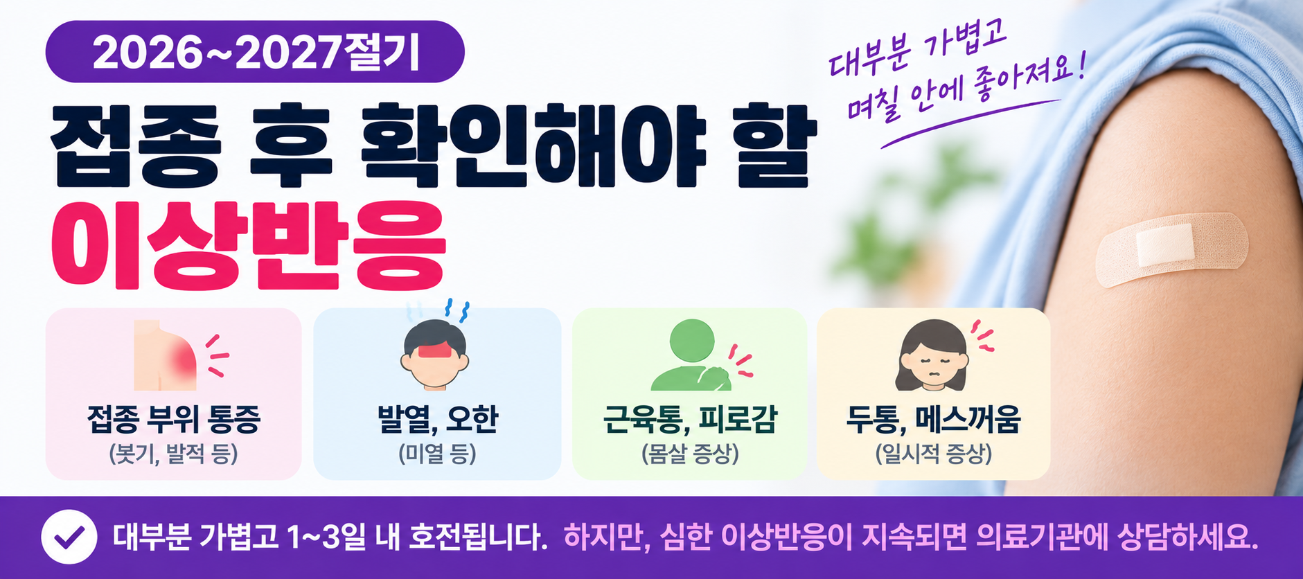 2026 코로나 예방접종 후 통증 발열 피로 두통 이상반응 안내 이미지