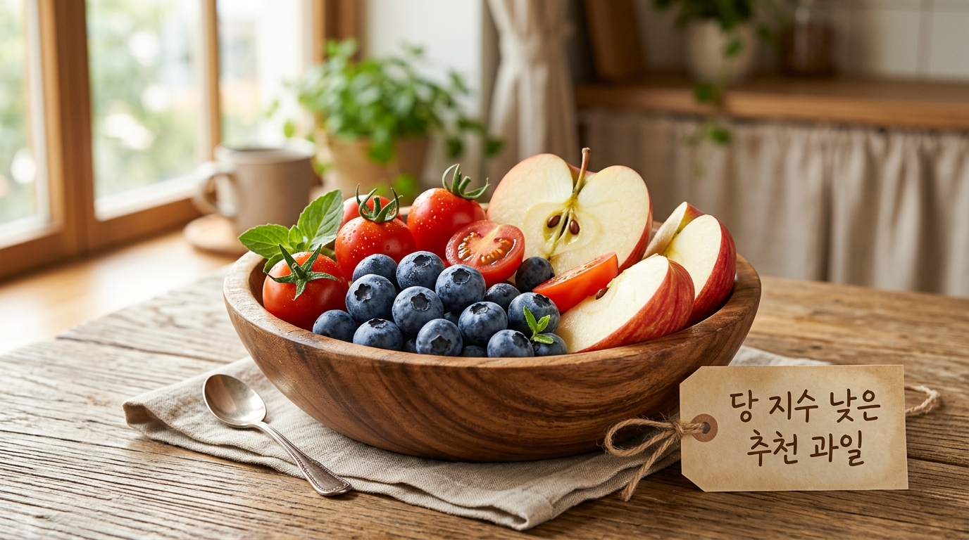 싱싱한 블루베리, 방울토마토, 사과가 담긴 나무 그릇