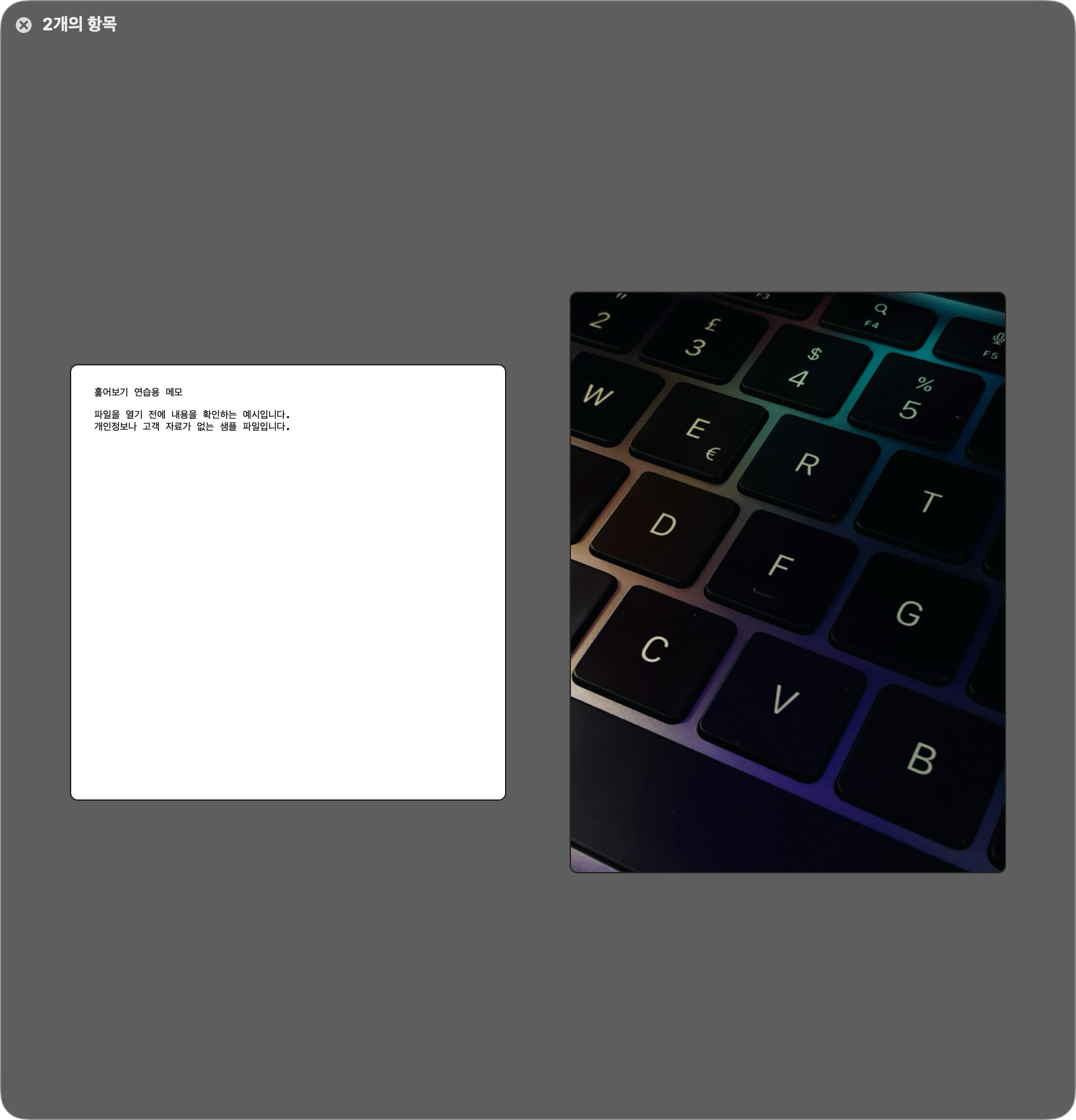 샘플 사진과 메모 2개를 표시한 macOS 인덱스 시트