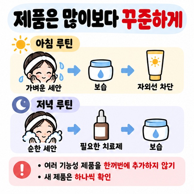 아침에는 보습과 자외선 차단 저녁에는 순한 세안과 보습을 중심으로 단순한 피부 루틴을 보여주는 카드