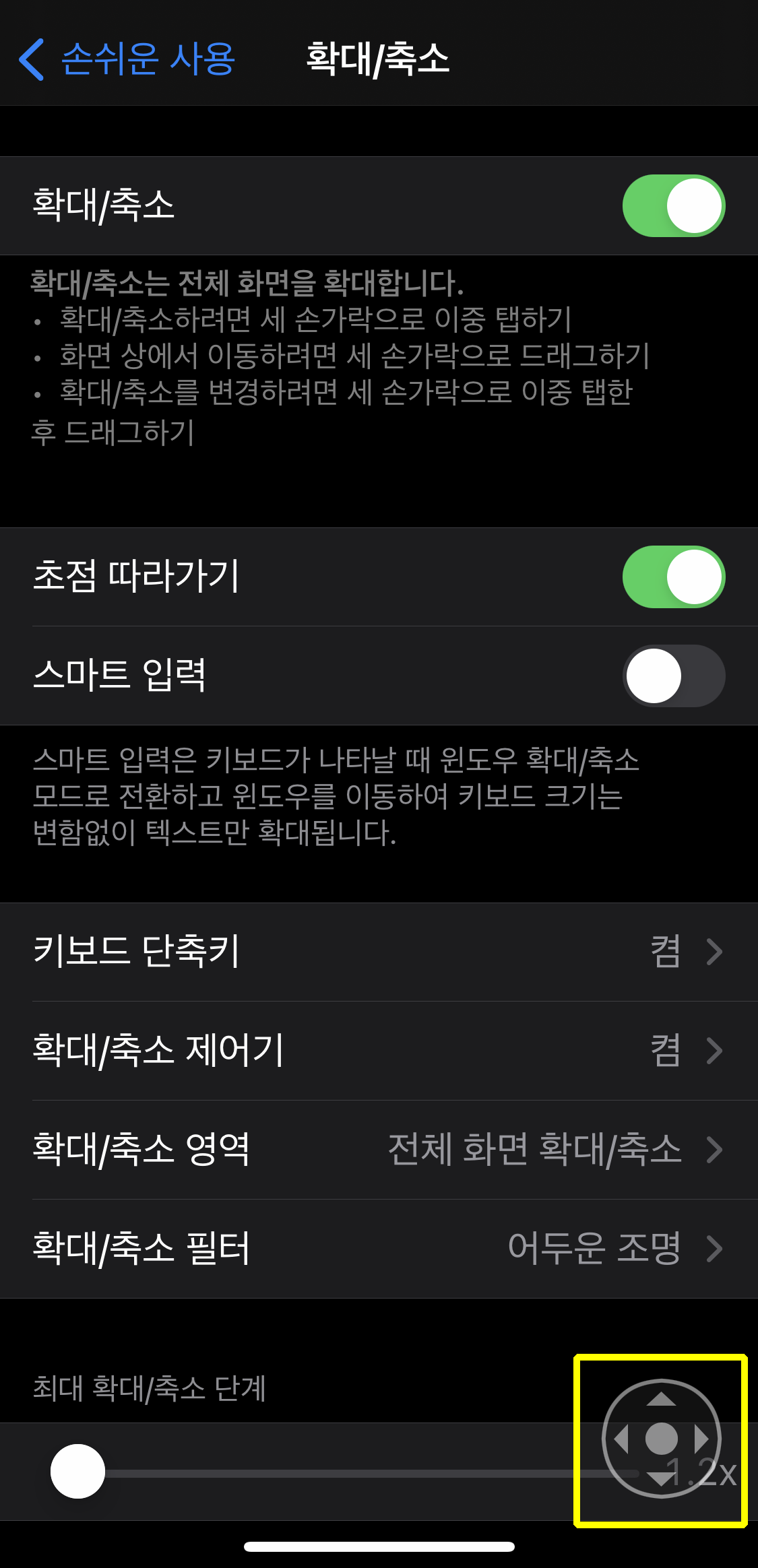 손쉬운 사용 확대/축소 제어기
