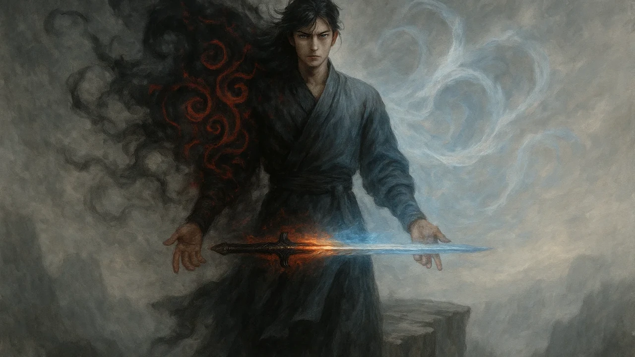 사파의 어두운 기운과 정파의 청명한 기운이 공존하는 주인공 '진무'의 모습을 신비롭게 표현한 웹툰 대표 이미지