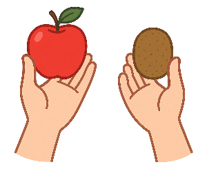 양손으로 무게 비교하기: 사과, 키위