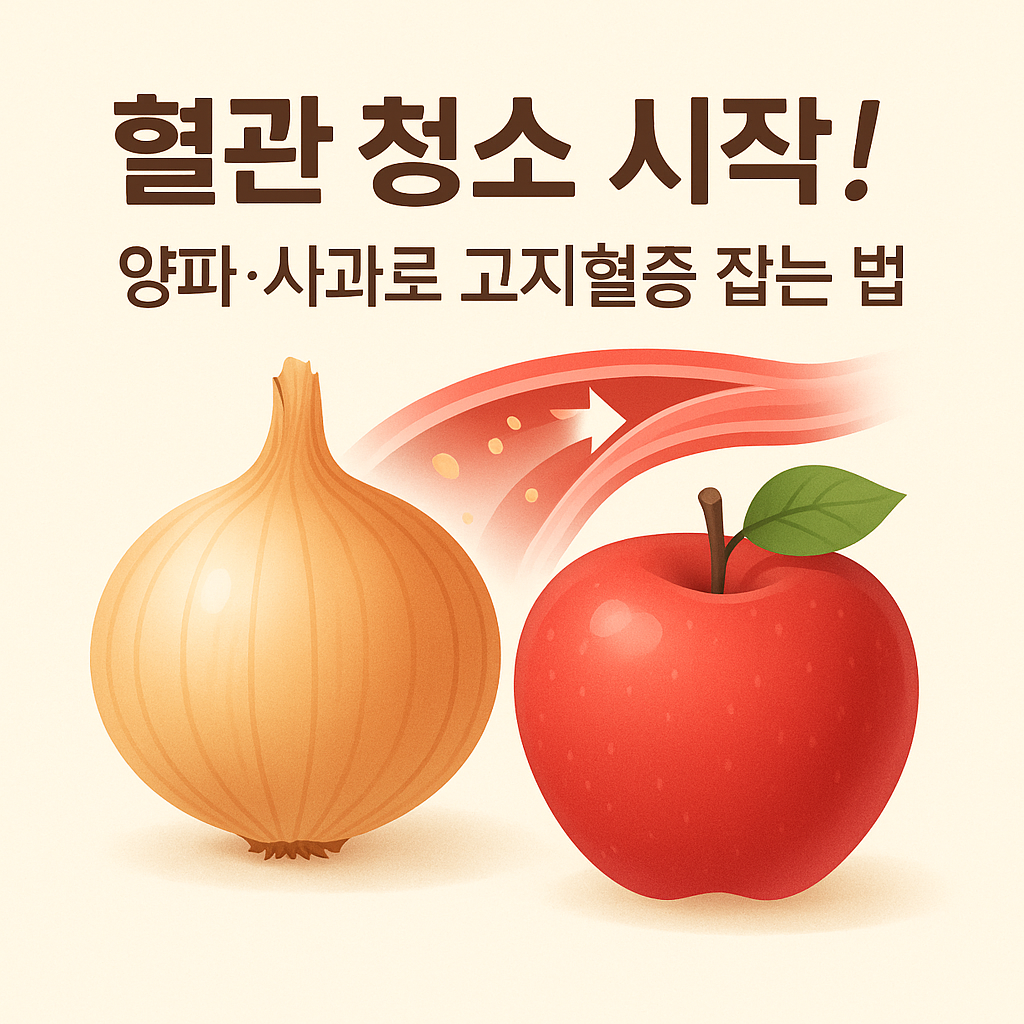 밝은 톤의 배경 위에 양파와 사과가 함께 배치된 이미지로, 혈관 속 노폐물이 사라지고 깨끗해지는 느낌을 표현한 건강 일러스트. 고지혈증 예방, 혈관 청소, 양파 사과 효능을 상징.