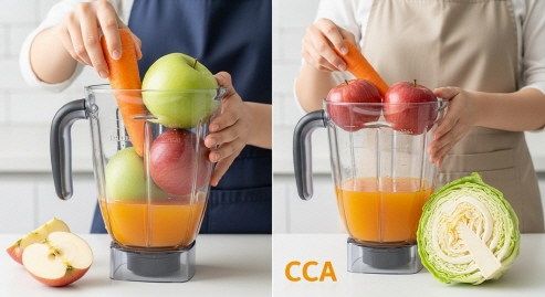 믹서기에 당근&amp;#44; 사과&amp;#44; 양배추를 넣는 모습