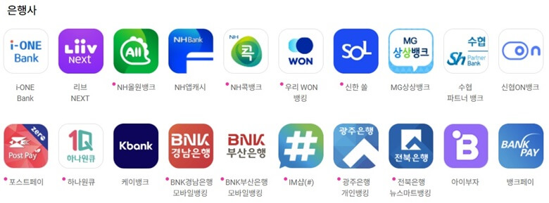제로페이 결제가능 앱으로 은행별로 결제가 가능한 은행만 표시한 그림으로 기업은행, 우리은행, 농협, 수협, 신협 등 20개 은행의 고유 로고를 나열한 그림
