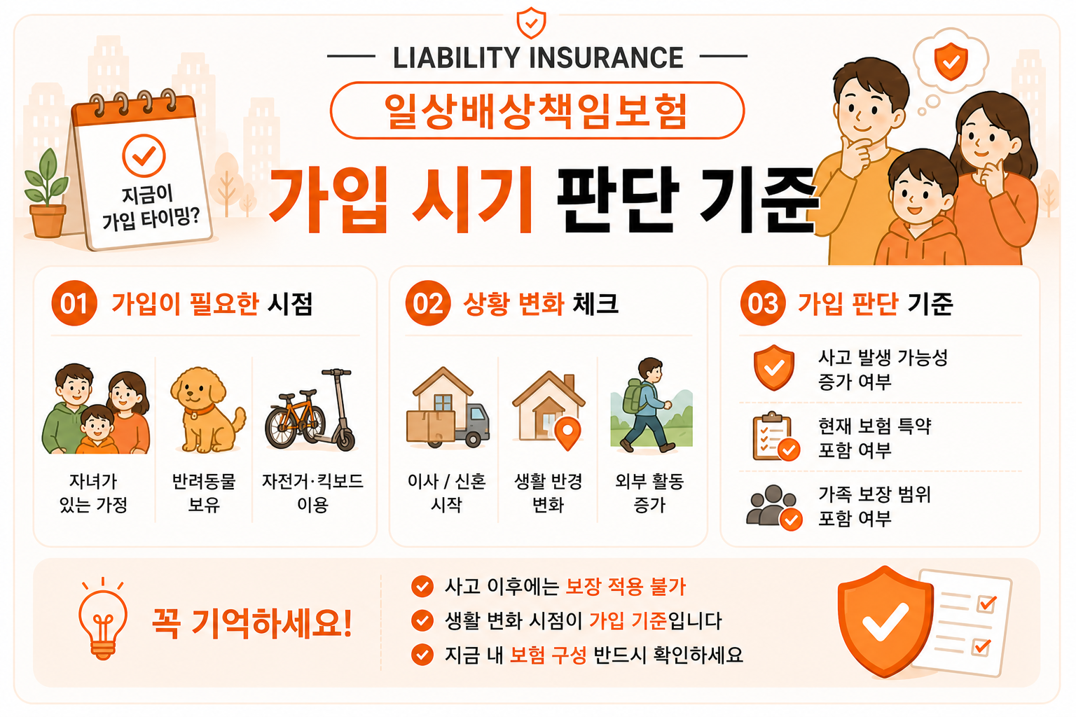 일상배상책임보험 가입 시기 판단 기준과 상황별 필요성을 정리한 인포그래픽 이미지