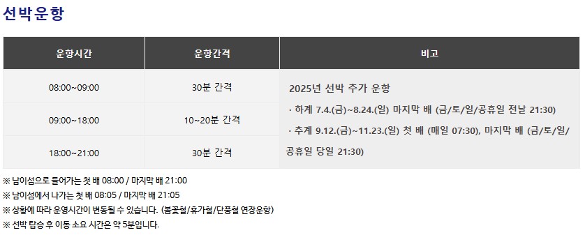 남이섬 배시간표 / 배값