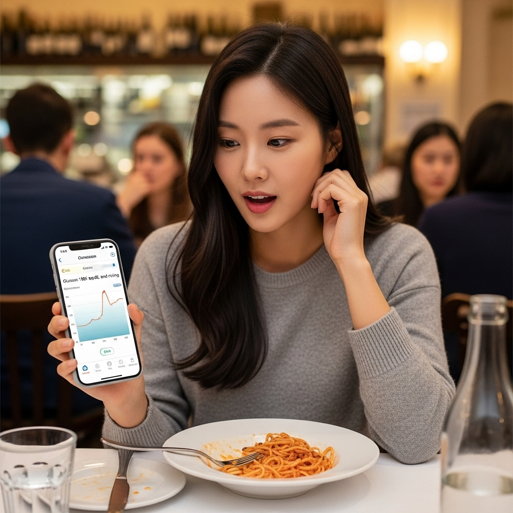 [이미지 1: 한 30대 한국인 여성이 점심으로 파스타를 먹은 후, 자신의 연속혈당측정기 앱을 보며 살짝 놀란 표정을 짓는 현실적인 모습]