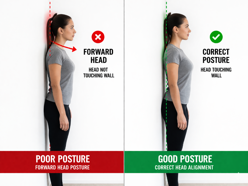 거북목 자가진단을 위한 벽 밀착 테스트 자세 비교 이미지