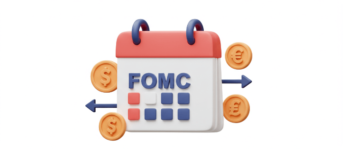 FOMC 회의 일정과 주요 경제지표 발표일이 표시된 달력 3D 아이콘