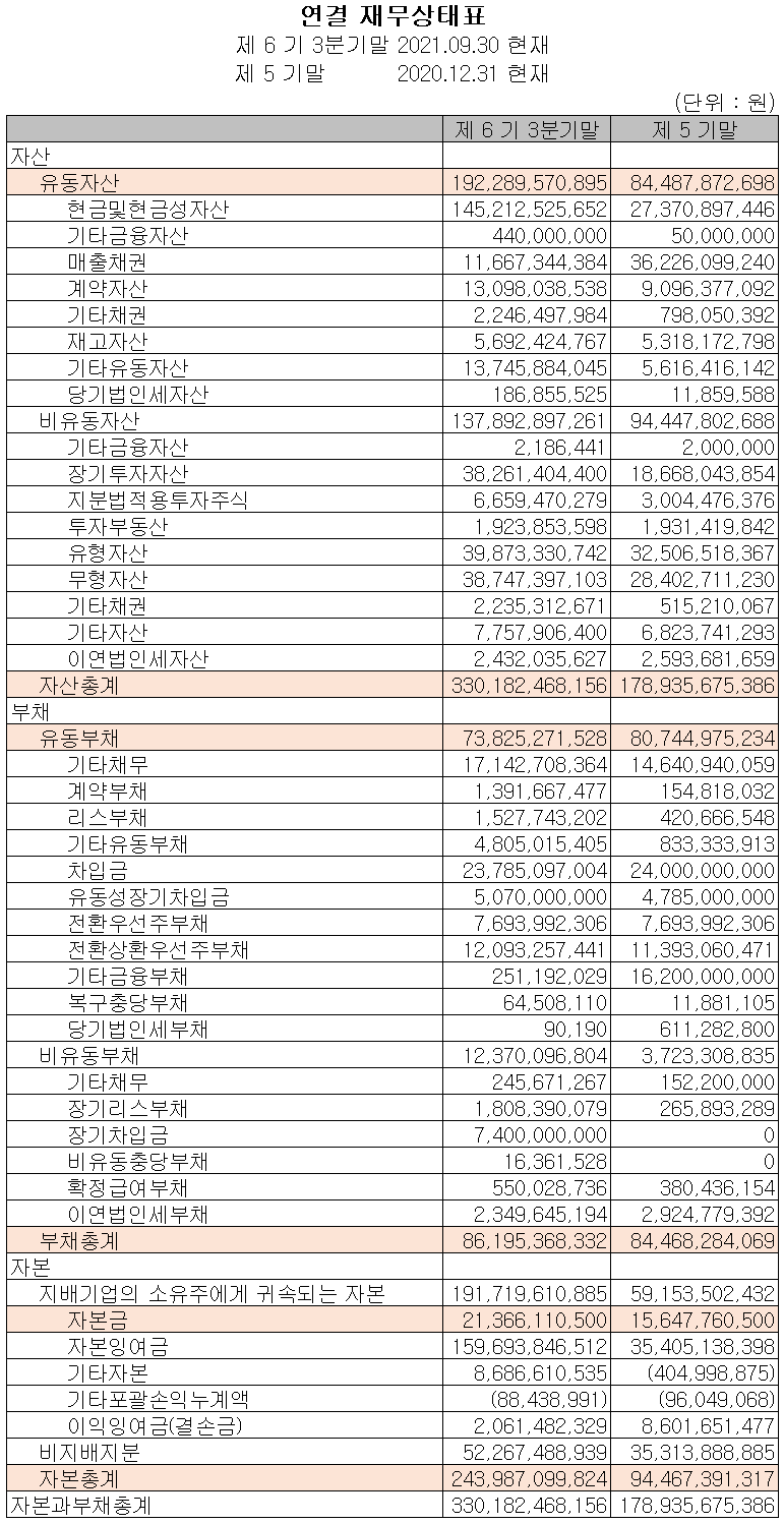 위지윅스튜디오 2021년 3분기 재무상태표