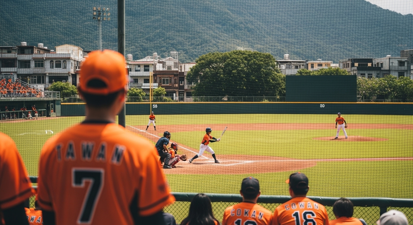 대만의 푸른 야구장에서 학생들이 열정적으로 야구를 하는 현대적인 사진. 배경에는 대만 전통 건물과 산이 보입니다.