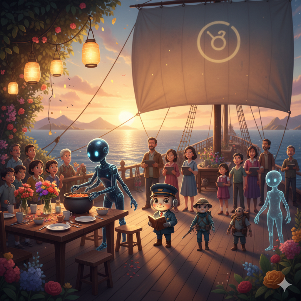 사람들과 AI 조력자들이 배 위에 함께 모여 식탁을 준비하는 장면, 공존과 협업을 상징하는 AI 우화 이미지