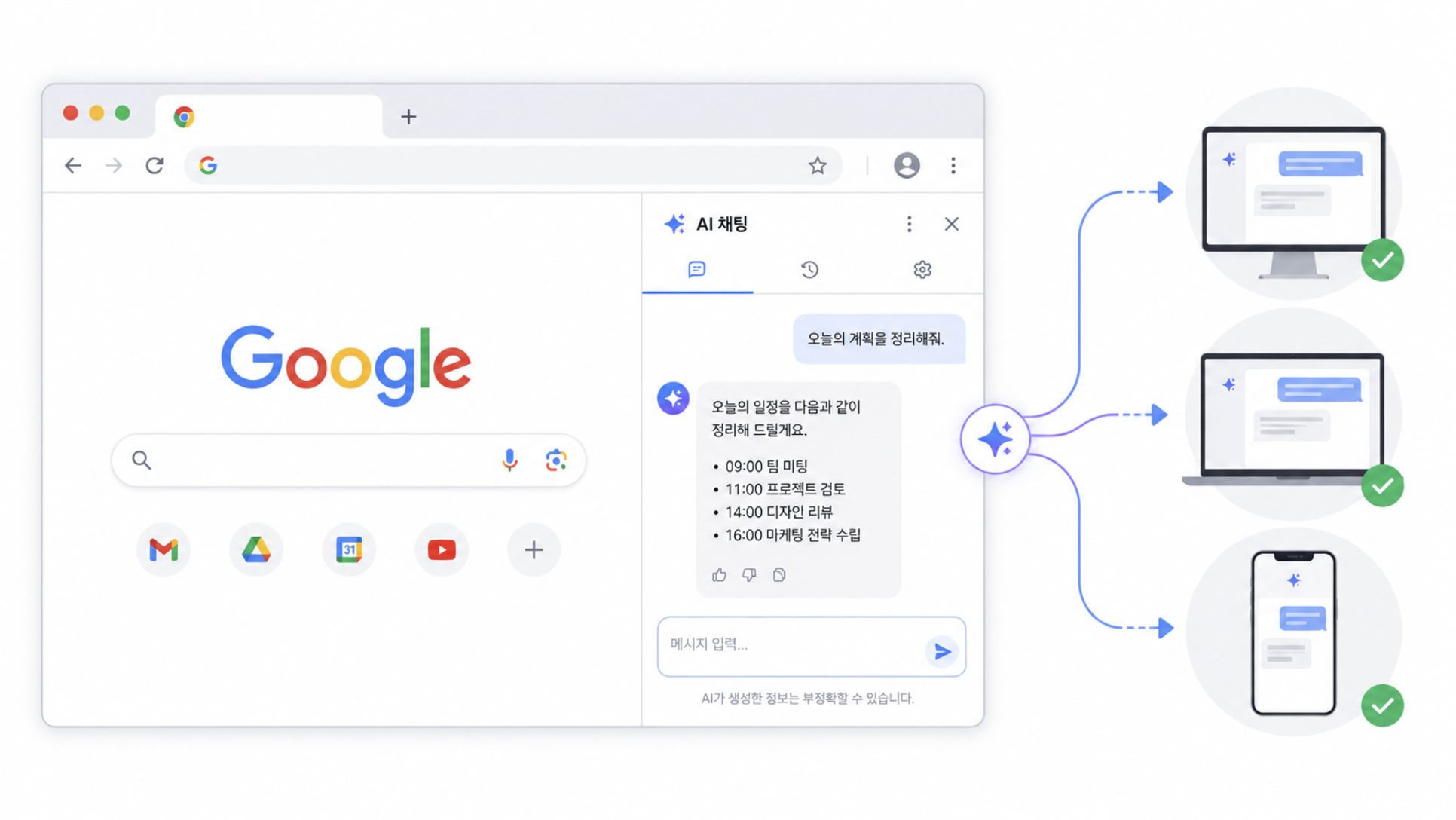 크롬 사이드패널의 클로드 코워크 대화가 데스크톱&middot;모바일로 이어지는 모습
