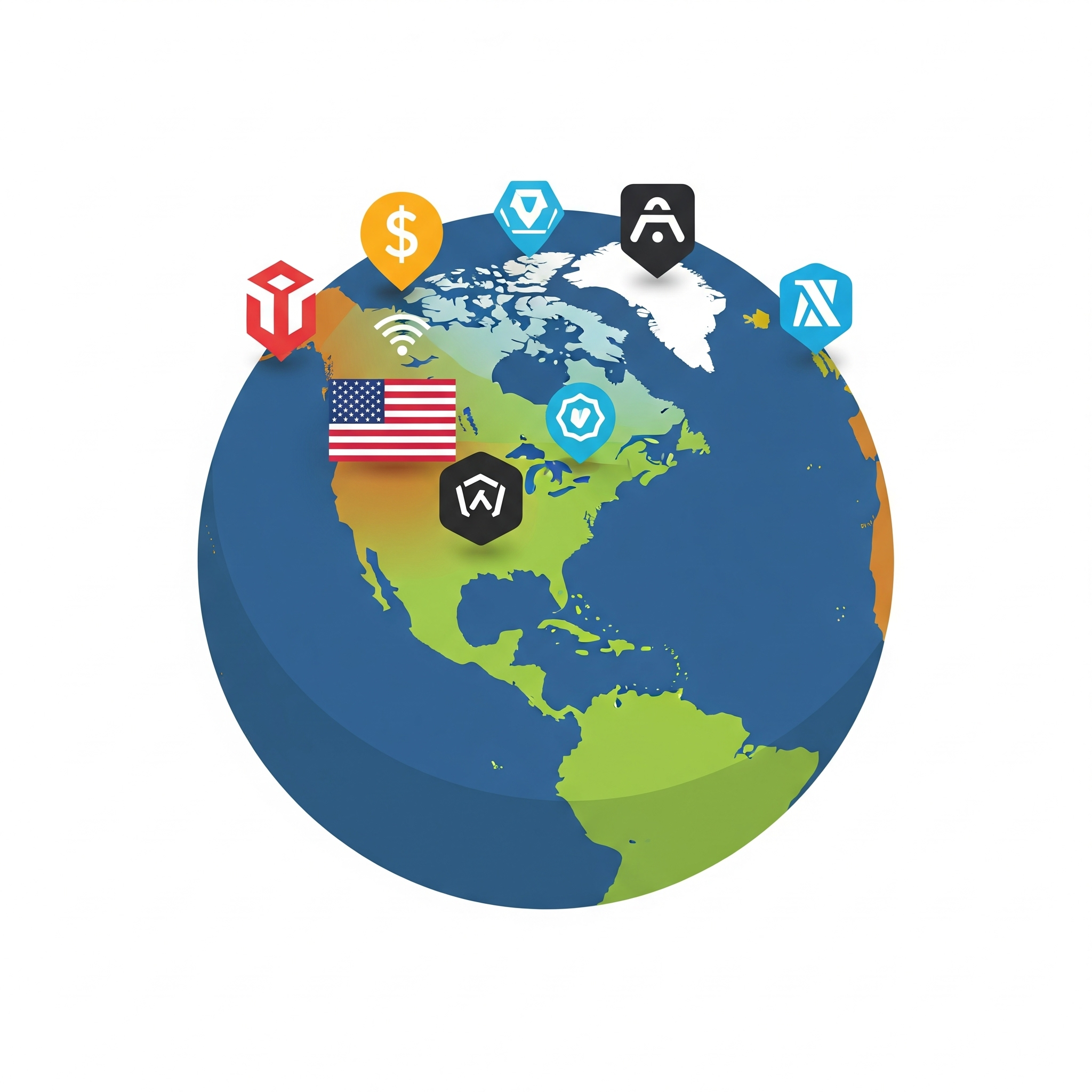 지구본 위에 미국 국기와 달러, 그리고 혁신 기업들의 로고가 있는 모습