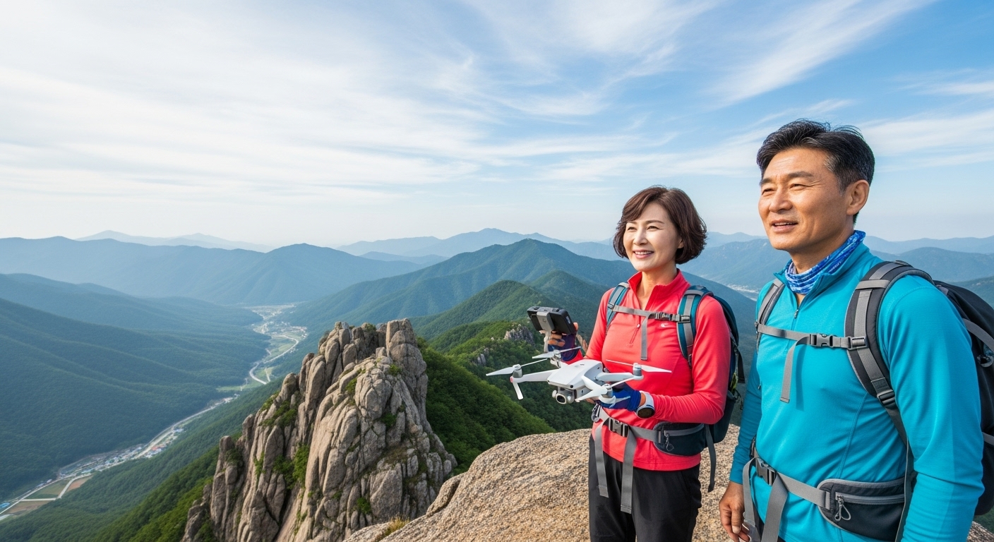 산 정상에서 드론 들고 있는 50대 커플