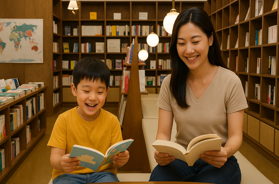 북카페에서 행복해 하는 아이와 엄마 모습