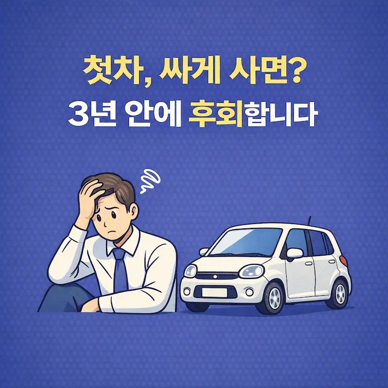 첫차를 싸게 샀다가 3년 안에 후회하는 사회초년생과 소형차를 표현한 정보형 블로그 썸네일