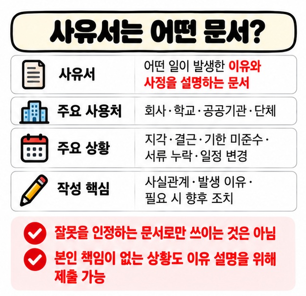 사유서의 의미와 회사 학교 기관에서 지각 결근 기한 미준수 등의 이유를 설명하는 용도를 보여주는 카드