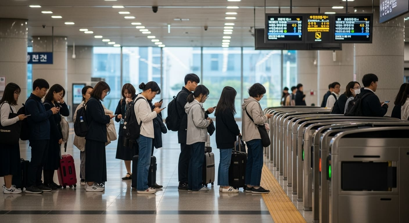 개찰구 앞에서 줄을 서서 기차 탑승을 기다리는 승객들