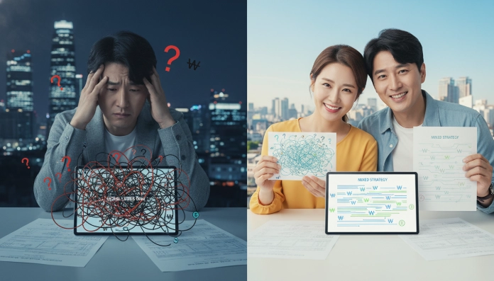 연말정산 시 연봉 높은 배우자에게 몰아주어 세금 폭탄을 맞은 모습(좌)과 현명한 분산 전략으로 절세에 성공한 모습(우)을 비교한 한국인 맞벌이 부부.