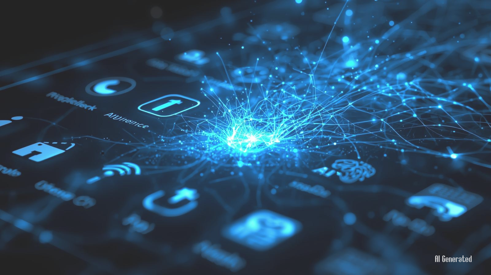스마트폰 화면 위에서 앱 아이콘들이 푸른 빛의 AI 신경망으로 녹아내리며 연결되는 추상적인 테크 이미지, 2026년 AI 에이전트와 앱의 종말을 상징함.