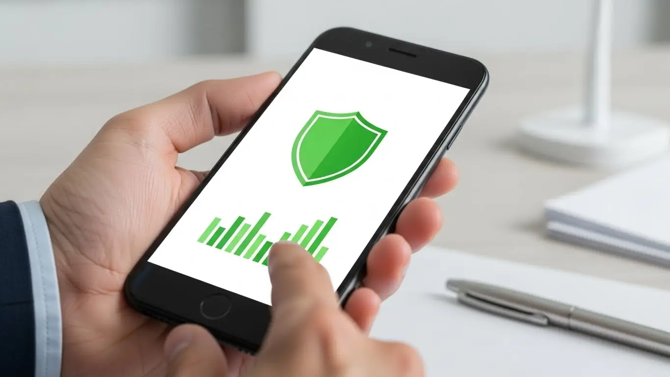 스마트폰 화면에 뜬 녹색 방패 아이콘과 높은 한도 그래프를 보며 안심하는 손의 클로즈업