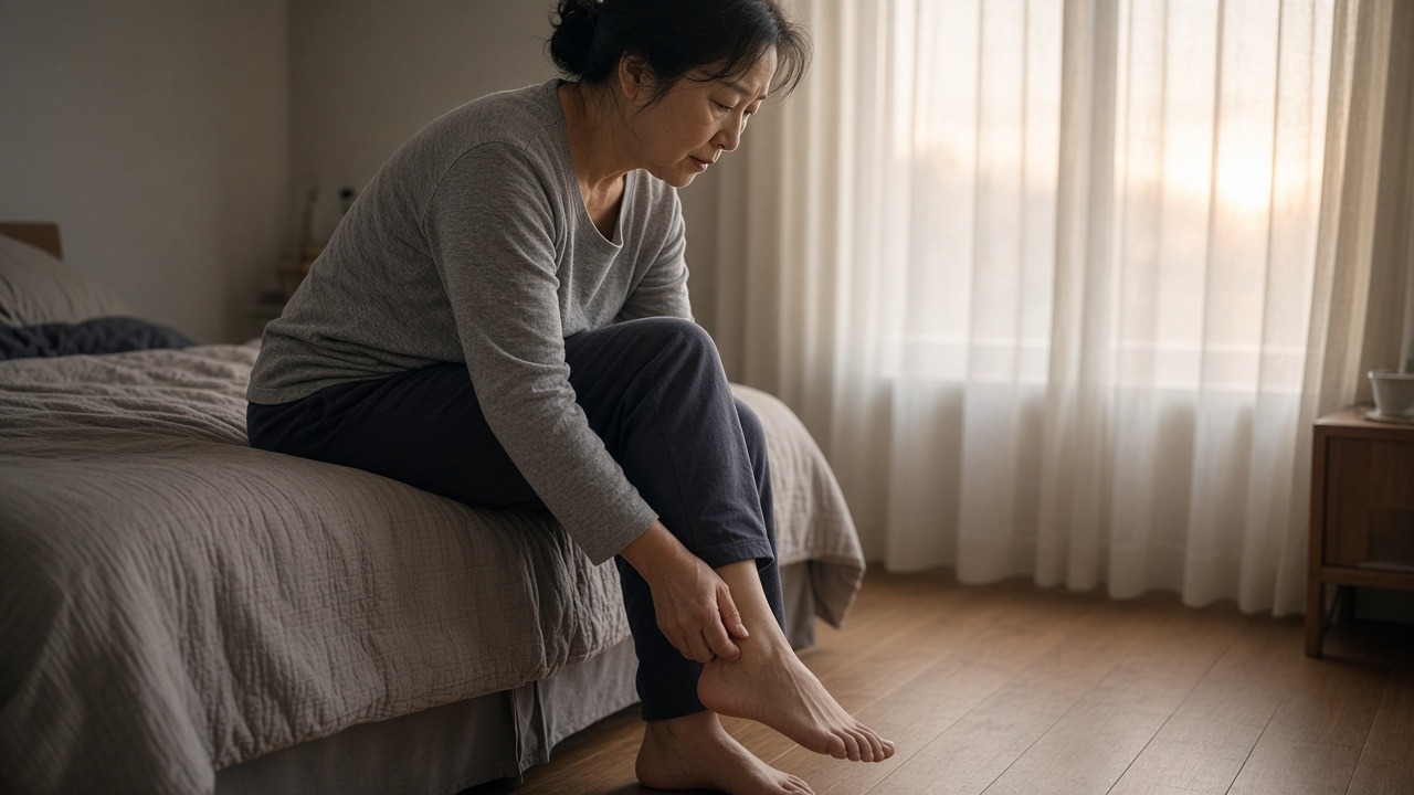 침대 끝에 앉아 아침 첫발을 내딛기 전 뒤꿈치를 감싸 쥐는 50대 여성