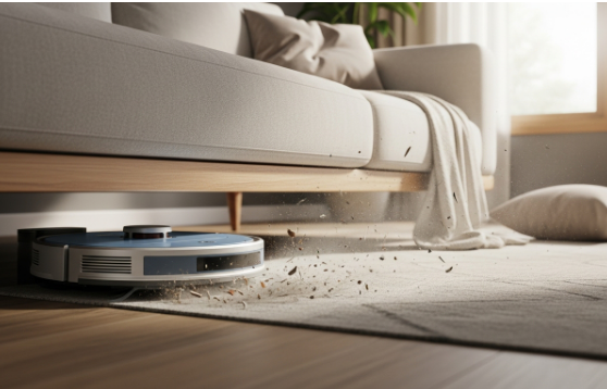 로봇청소기가 낮은 소파 아래로 들어가 먼지와 반려동물 털을 깔끔하게 청소하는 모습, 접근하기 어려운 공간 청소력을 강조.