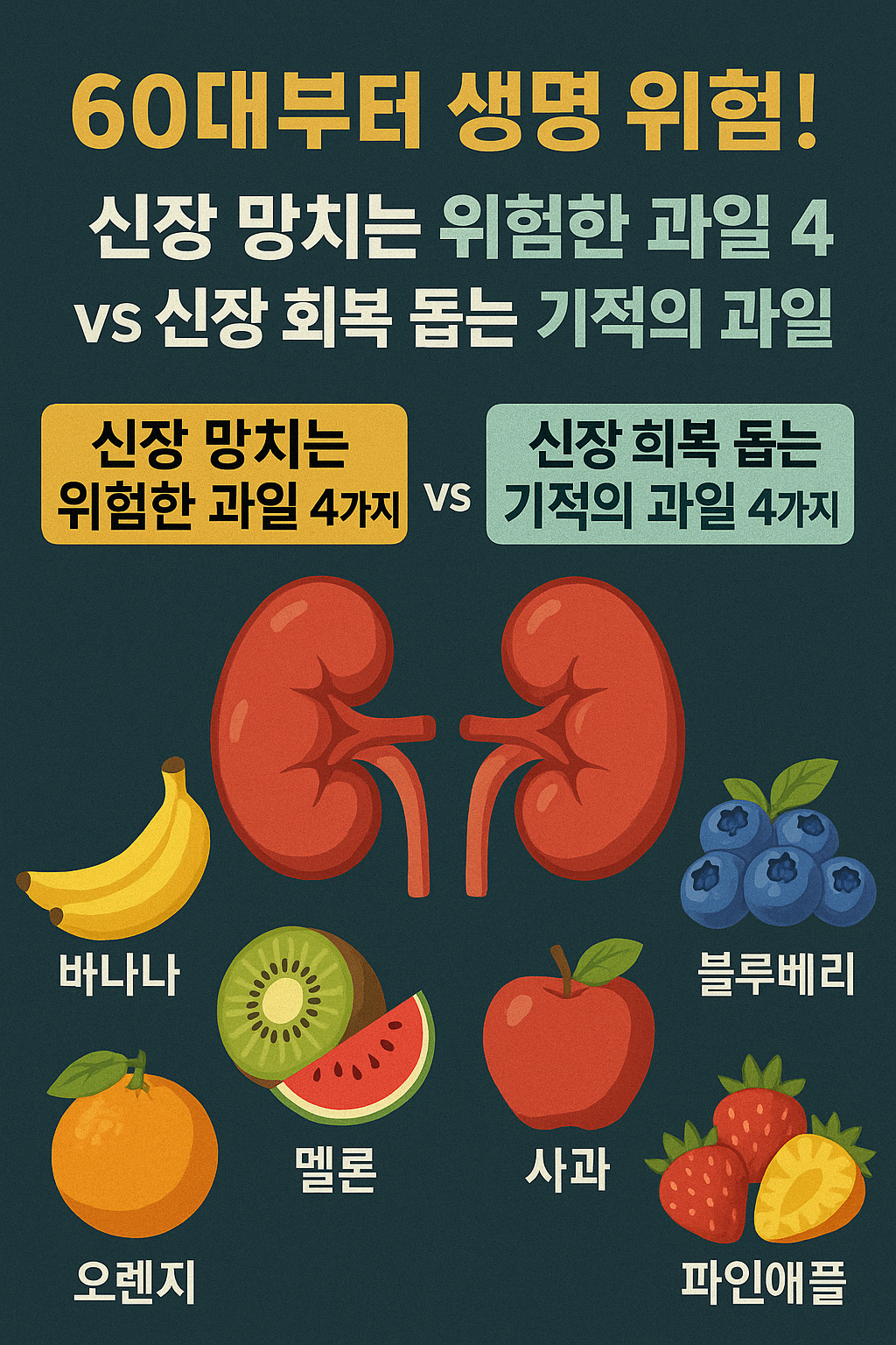 60대 신장 위험 과일과 도움되는 과일을 구분해 설명한 건강 썸네일 이미지