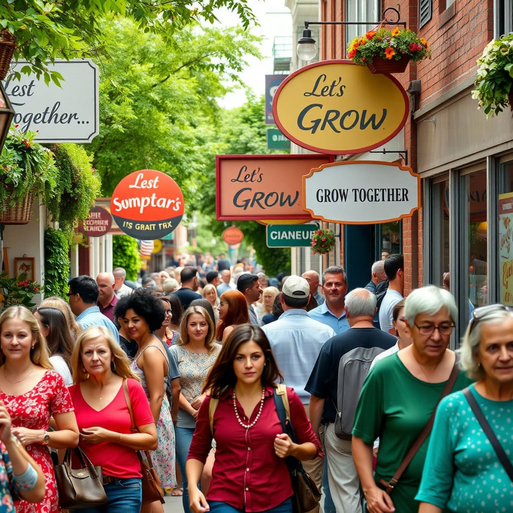다양한 연령대의 사람들이 소상공인의 가게를 이용하며 활기찬 거리를 이루는 모습입니다. 가게 간판에는 '함께 성장해요'와 같은 문구가 보이며, 전체적으로 따뜻하고 공동체적인 분위기를 연출하여 지역 경제 활성화의 긍정적인 효과를 강조합니다.