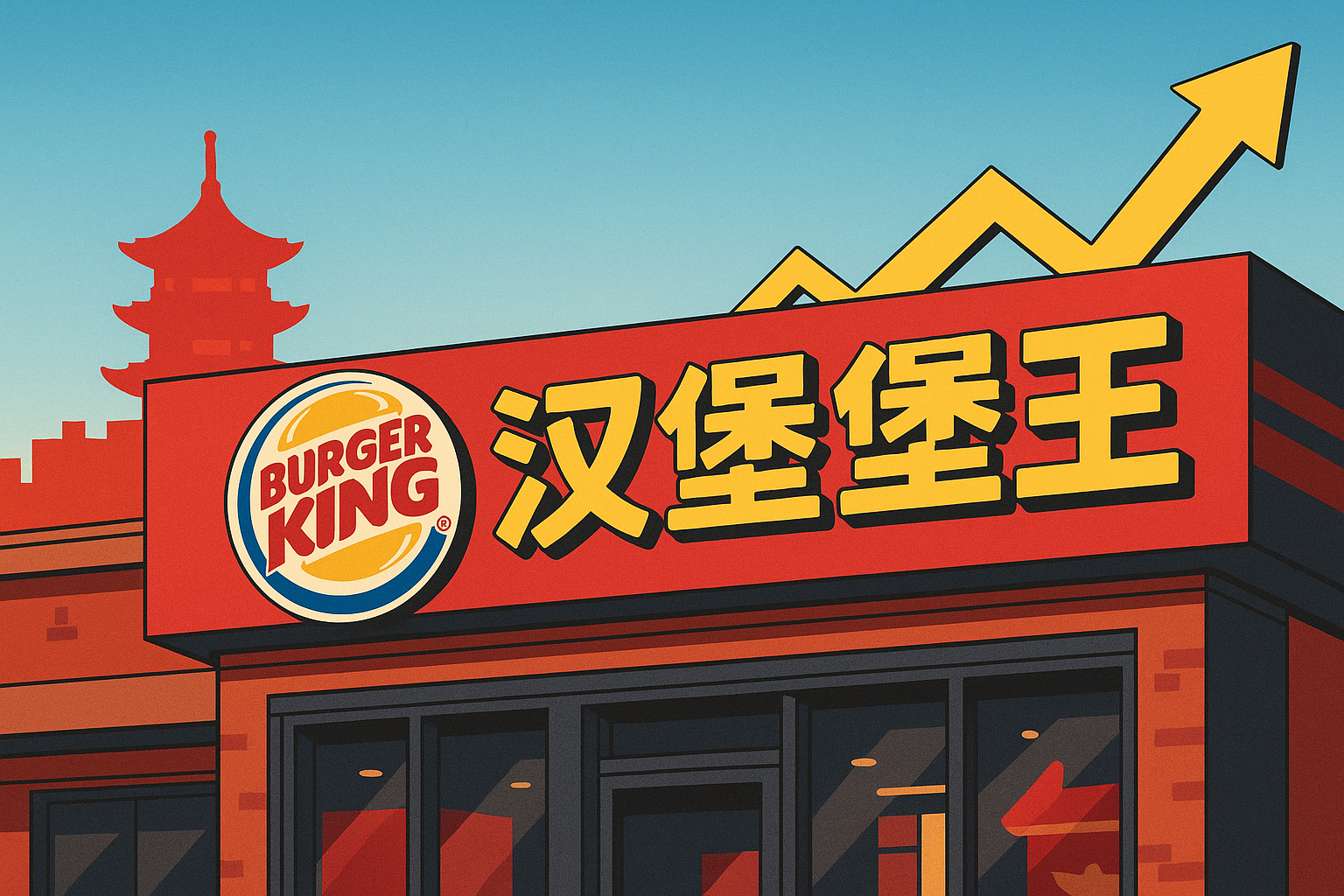중국 상하이에 있는 버거킹 매장 외관을 상징적으로 표현한 이미지. 붉은색·황금색 간판이 강조되고 중국 시장 확장을 나타내는 그래픽 요소 포함.
✅ 티스토리용 태그