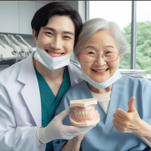 틀니를 들고 있는 의사와 여성