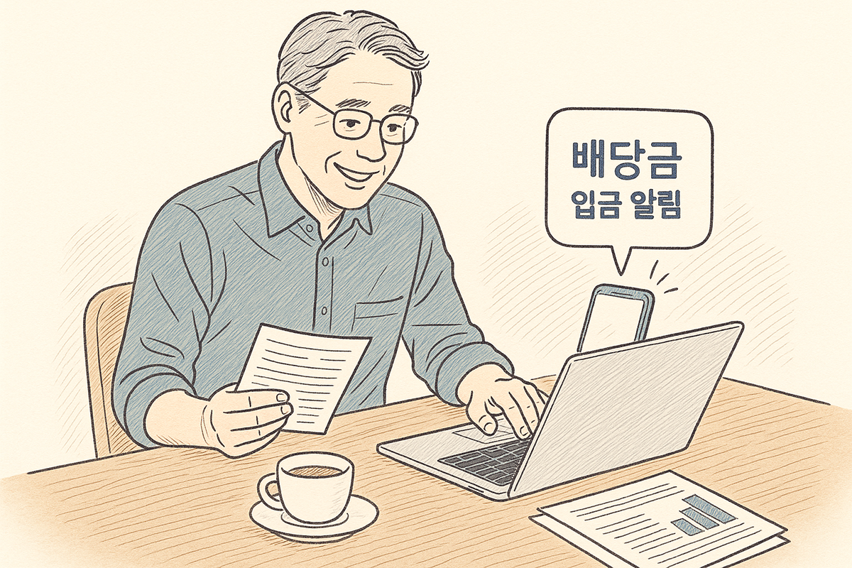 매달 배당금을 받아 미소 짓는 투자자의 모습, 배당주 투자 이미지