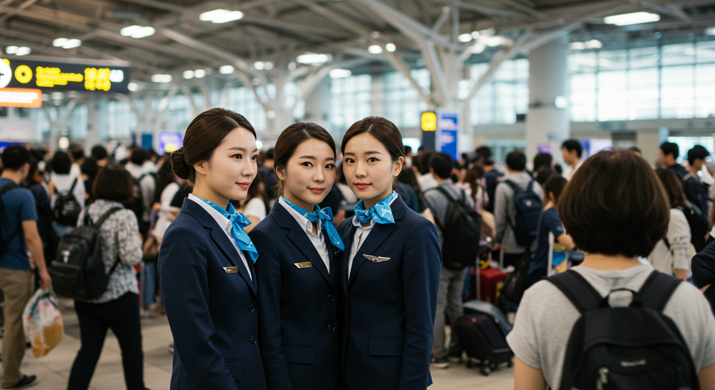 공항에서 대기하는 승무원들