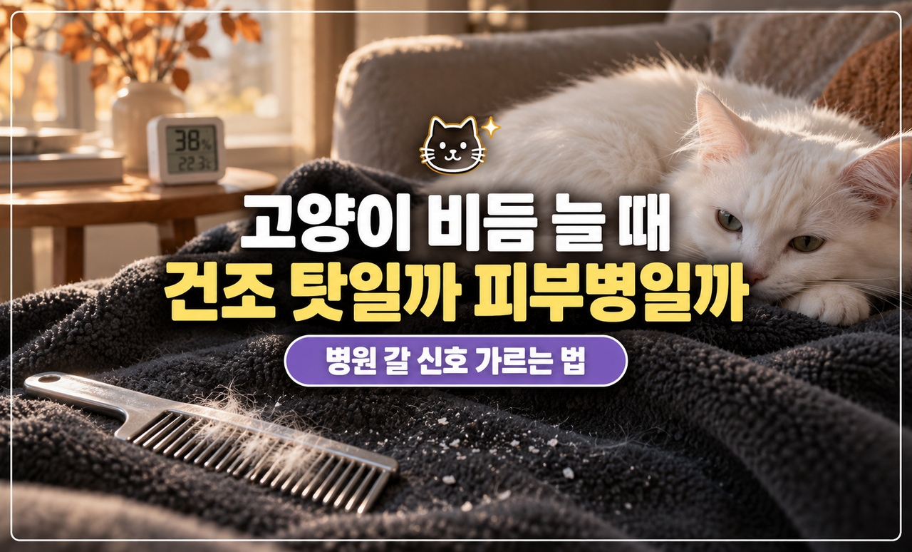 어두운 담요 위에 떨어진 흰 고양이 비듬