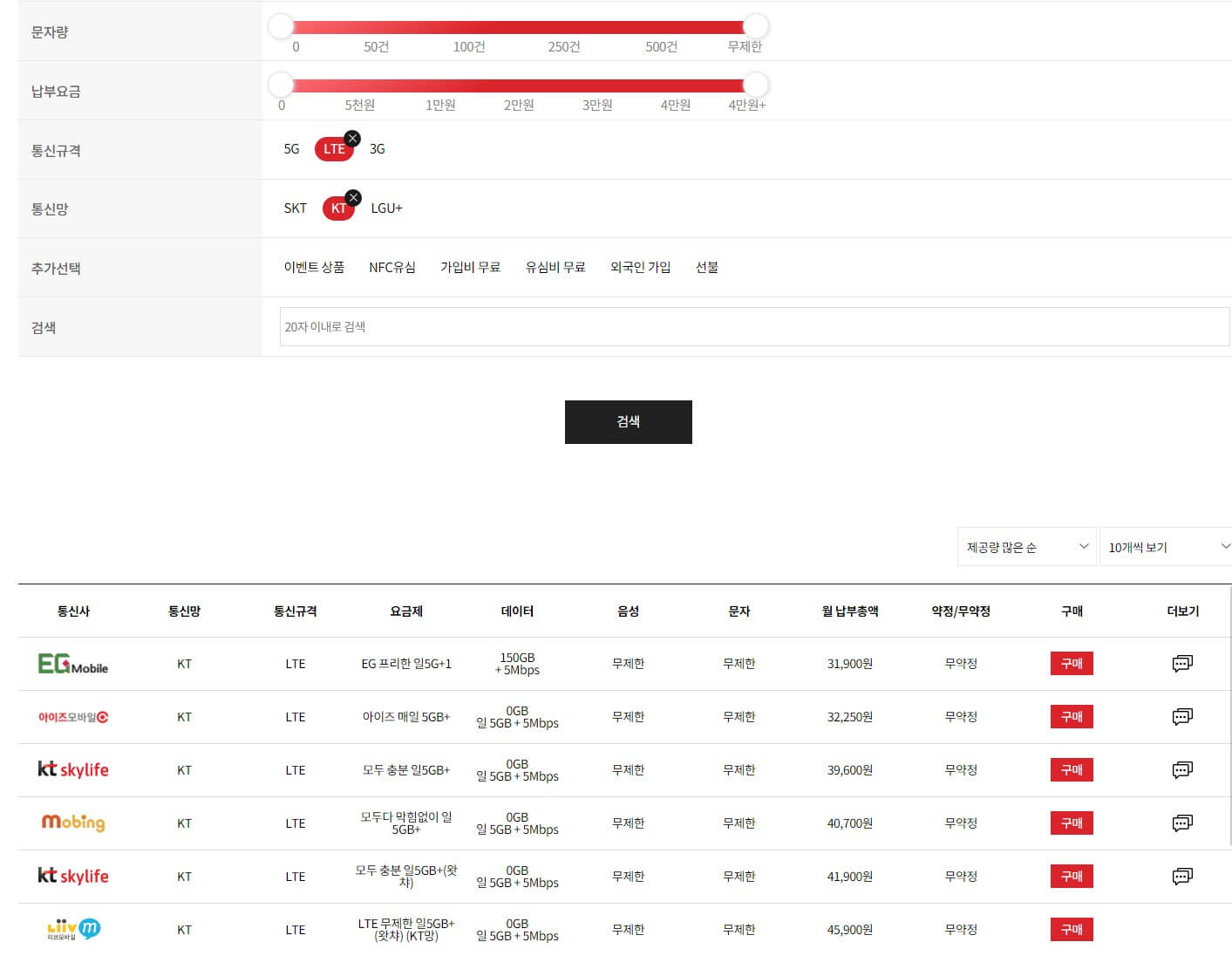 알뜰폰 허브 요금제 비교